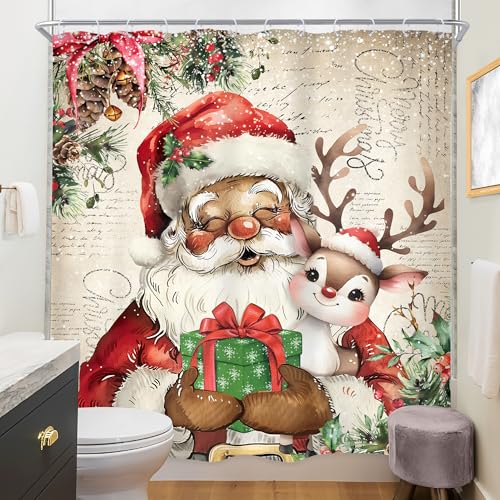 Image of Christmas Santa Claus Merry Xmas Black Bathroom Shower Curtain Set