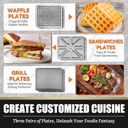 Image of FineMade Panini Grill Press Breakfast Sandwich Maker 3 in 1, Electric Griddle Panini Press, Grilled Cheese Maker, Sandwichera Electrica, Belgian Waffle Maker with Removable Plates