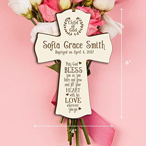Image of LifeSong Milestones Personalized Ivory Baptism Cross for Girls - Wooden Wall Cross Decoration - Christening, Baby Dedication & First Communion Gifts