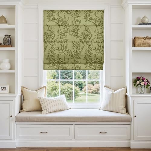 Image of TWOPAGES No Drill Cordless Vintage Leaf Print Roman Shades Linen Textured Roman Blinds for Windows, Custom Made Room Darkening Light Filtering Roman Window Shades, Jade, 1 Piece