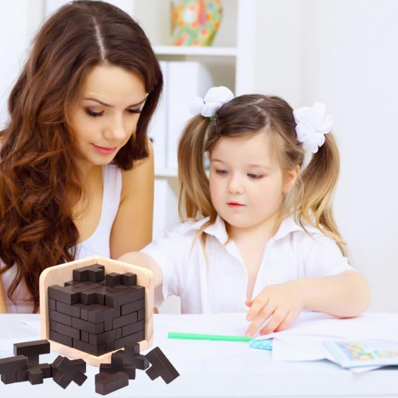 MINGZE Wooden Puzzles Brain Teaser Toy 54 T-shaped Blocks Geometric Intelligence Game Sphere Puzzles For Adults/Kids(Black) - Image 2