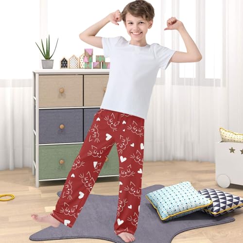 Boy's Pj Pants Valentines Day Cats Lovers Hearts Eyes Lounge Bottoms Elastic Waist Kids Joggers with Pockets 6-144