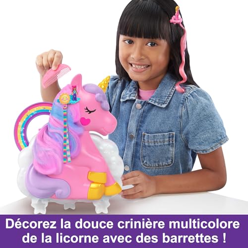 Polly Pocket Coffret 2-en-1 Salon De Coiffure Licorne Arc-en-Ciel avec Tête À Coiffer, Comprend 2 Figurines, Plus 25 Accessoires Et Éléments Mobiles, Jouet pour Enfant de 4 Ans et Plus, HMX18