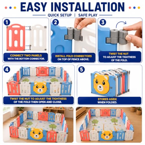 Image of 16 panel Playpen for Babies 0 to 5 year with Mat and Balls Foldable Baby Play Area Indoor Setup Play Yard Fence for Toddlers Kids Playarea Setup Outdoor Children Play Pen with Gate Baby Playpen (4.9 x 6.2 ft=31 SQFT, Multicolor)