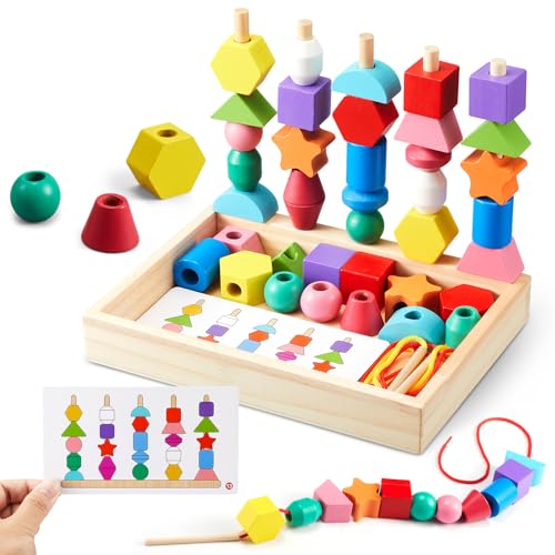 ZGIMI Montessori Spielzeug ab 3 4 5 Jahre Motorikspielzeug Fädelspiel Bausteine Sortierspiel für Kinder, Holz StapelspielFeinmotorik Lernspiele Geschenk für Baby Junge Mädchen （Mit Aufbewahrungsbox）