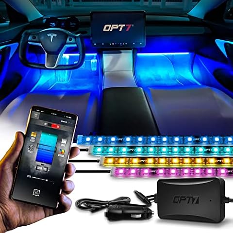 OPT7 Aura Pro Interior Car Lights with App Control, Color Change, Music Sync Inside Ambient Lighting Kit, Car LED Lights Under Dash Accessories, Charger Adapter 12V, 4pc Single Row LED Strip Cover
