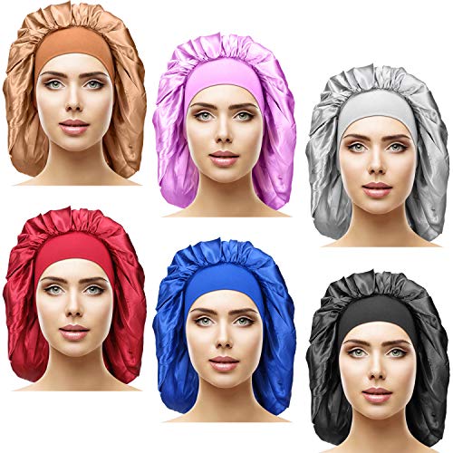 6 Pieces Satin Sleep Bonnet Cap Elastic Wide Band Night Hat Silky Sleeping Hair Cover for Good Sleeping (Silver, Black, Wine Red, Light Blue, Gold, Light Purple, 42 cm)