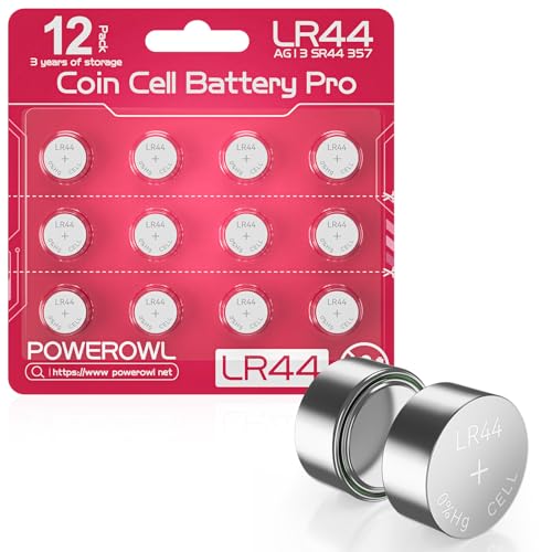 LR44, POWEROWL Pilas de Botón LR44 1.5V Alcalina para Relojes, Calculadoras y Juguetes, Paquete de 12-Rojo Rosado