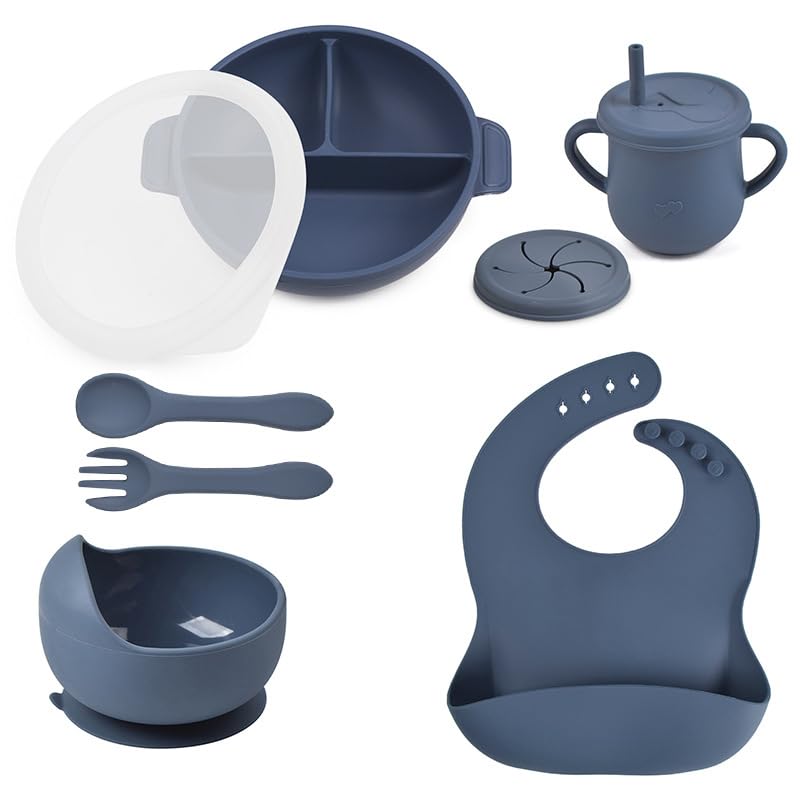 Image of Silicone Baby Feeding Set - Perfect silicone plates for baby and Toddler Plates with lid, Baby Bowls with Suction, Baby Utensils - Baby Led Weaning Supplies and Eating Essentials - (Blue)