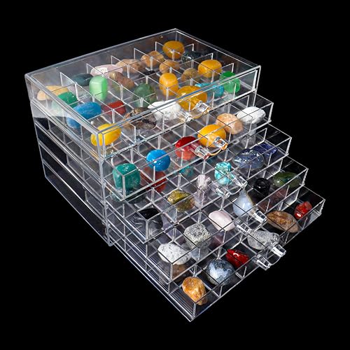 Dmnnlp Vitrina de roca pequeña, 5 cajones, 120 rejillas (3 x 3 cm), caja de colección de rocas acrílicas transparentes, cajas de exhibición para coleccionables, pequeñas piedras preciosas (21,5 x 14 x