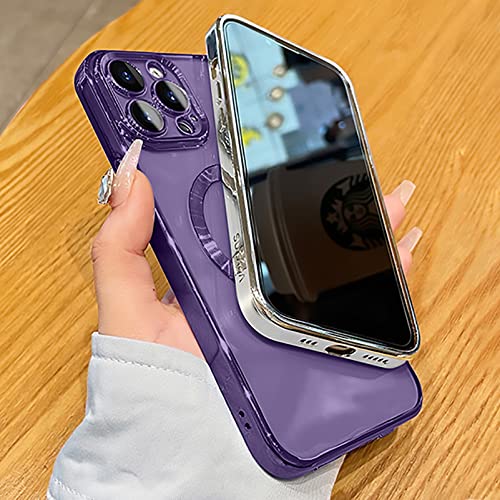 Uioeua Compatible With Iphone 13 Pro Max Magnetic Clear Case,Luxury Plating Bling Transparent Shockproof Magsafe Case With Full Camera Lens Protector For Iphone 13 Pro Max Women Girl Men-Purple #TOP3