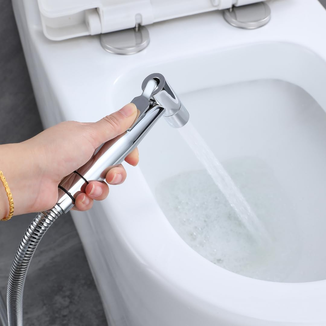 Douchette WC Murale Chromée – Jet Puissant et Précis avec Robinet Marche/Arrêt – Support Mural Inclus – Design Moderne et Durable – Hygiène et Propreté
