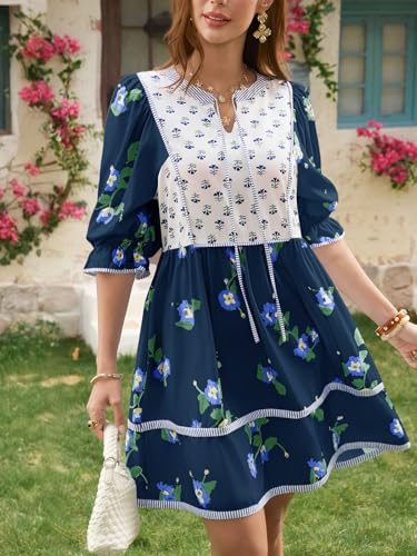 Image of Wenrine Womens Casual Floral Mini Dress Summer Patchwork Boho Shirt Dresses