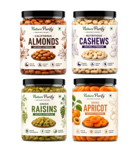 Image of Nature Purify Dry Fruits Combo Pack 250gm Each | (Almond, Cashew, Apricots, Raisins)