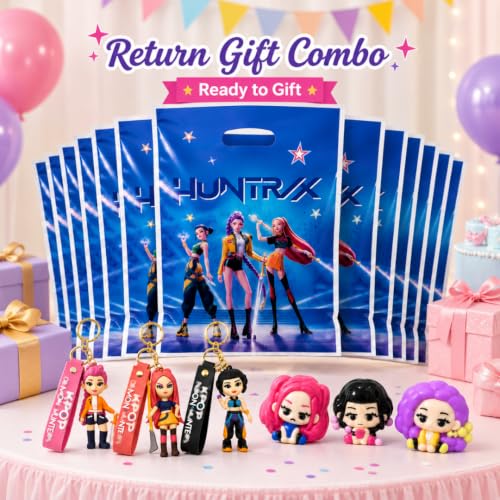 Image of Wanna Party Korean Pop Inspired Return Gift Combo for Kids | Pack of 10 Goodie Bags with Set of 3 Character Keychains & Set of 3 Squishy Toys | Birthday Party Favours and Gift Bag Fillers