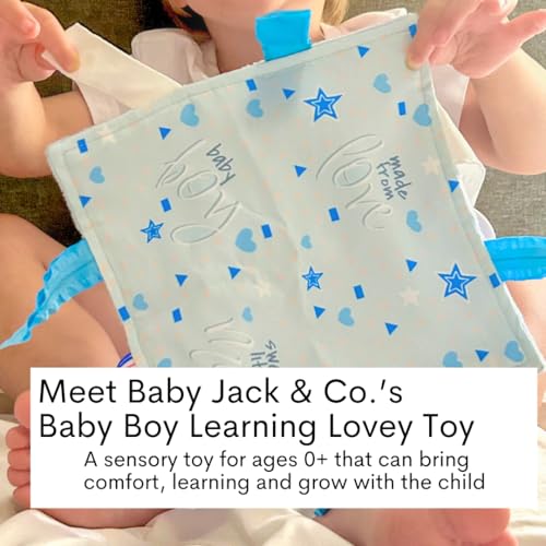 Image of Baby Jack & Co 8x8 inch Learning Lovey Gender Reveal Baby Newborn Boy Blue Tag Stroller Toy for Babies - Crinkle Toys for Developing Five Senses BPA Free Clip