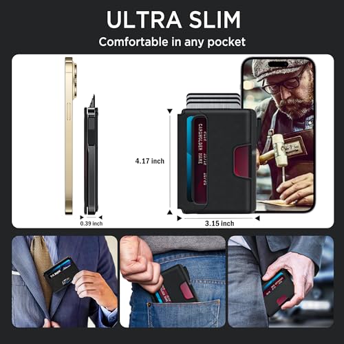 Image of Wallet for Men - Slim Leather Mens Wallet Pop up Card Holder with Money Clip,Credit Card Slots,ID Window - RFID Blocking Minimalist Wallet (Dark Black)