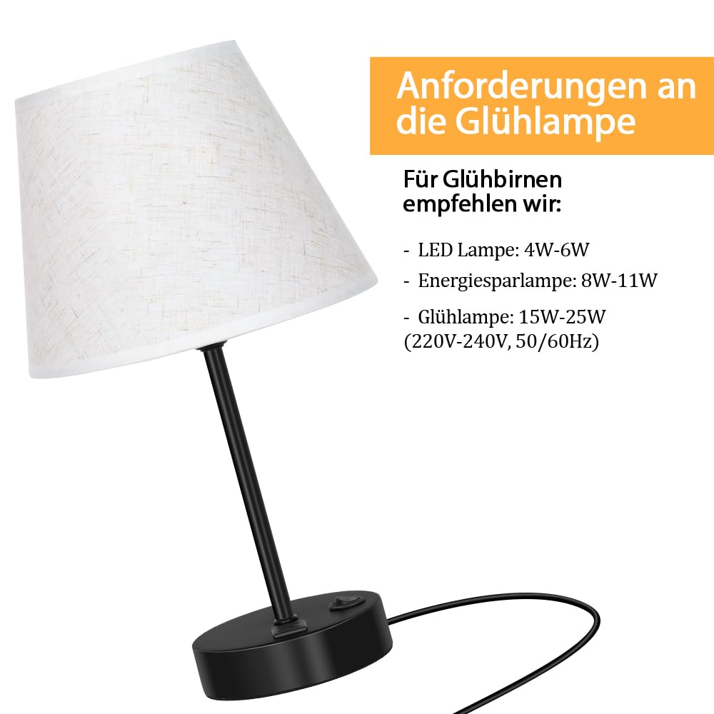 Zestaw 2 lamp nocnych LIANTRAL z 2 gniazdami USB, E27, nowoczesna lampa stołowa z metalową podstawą i abażurem z tkaniny, lampka nocna do sypialni, salonu, biura
