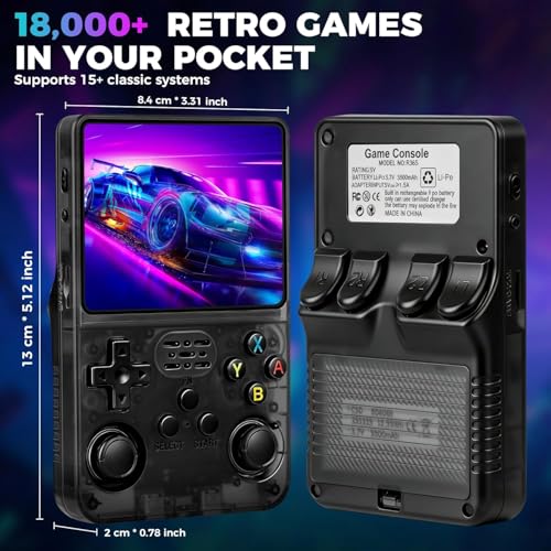 Image of PLUSPOINT R36S Portable Handheld Game Console (64GB) with 18000+ Retro Classic Preloaded Video Games, 3.5 Inch IPS Display,Rechargeable Battery , Pocket Arcade Gaming Device (Black)