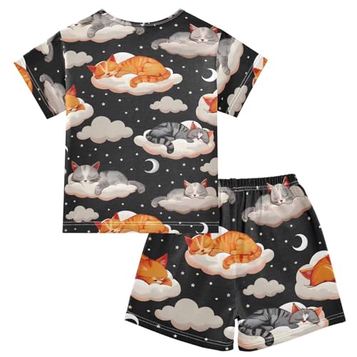 ALAZA Cute Cat Sleeping Moon Cloud Pajamas Short Sleeve 2 Piece Sleepwear Top and Bottom Pajama Set Unisex2