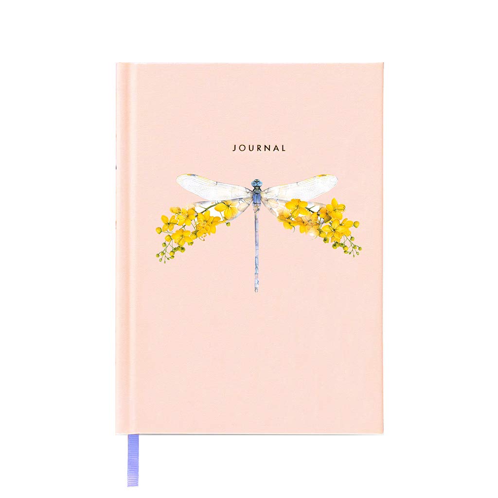 Lola Design - Dusky Pink A5 Hardback Fabric Journal, Floral Dragonfly Design - Perfect for Journaling, Note-taking - Notebook with Satin Ribbon Marker, Designed and Printed in the UK - 140 Lined Pages