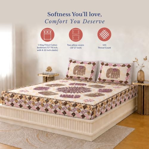 Image of Jaipur Weaves Bedsheet King Size 100% Pure Cotton Bed Sheet with 2 Pillow Covers, 144 TC Premium Bedding Set, 72x78 inches,(Royal Elephants Pink, Super King Fitted)