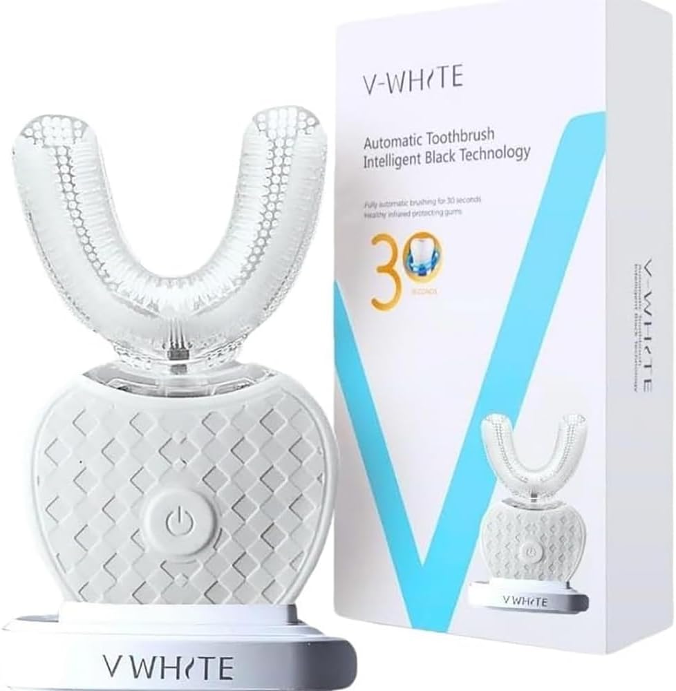 V-WHITE Ultrasonic U-Shaped Toothbrush for Teeth Whitening, Electric Toothbrush For Adults - 360° Mouth Cleansing, Hands Free Gums Protection - Wireless Charging & LED Light -Waterproof IPX7 Certified White - Adult 1 Count (Pack of 1)