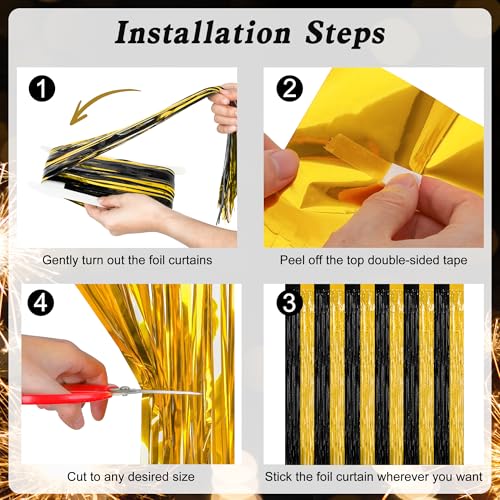Image of ZATAYE 2 Pack Black Gold New Years Eve Foil Curtain Streamer Decorations | Black Gold, Metallic Foil, 3.28 x 7.05 FT, Tinsel Backdrop, Foil Curtain Streamer, New Years Eve Party