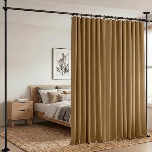 Image of hoeflife Room Divider Curtains Blackout Floor to Ceiling Curtain with Hook Wall Mount Sliding Door Curtains Ceiling Mount Extra Wide Curtain Wall Divider for Room Separation (Khaki, W100 x H96 Inch)