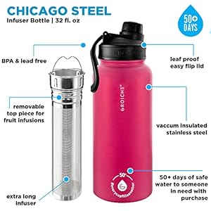 Grosche chicago stainless steel tea infuser flask beverage bottle hot cold drinks loose leaf tea infuser travel convenience water bottle 32 fl oz pink  urban country home decor