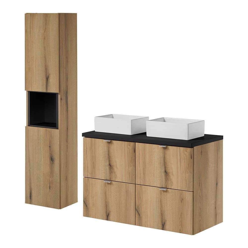 [en.casa] Mueble de Baño con Lavabos Rectangulares Newport Instalación Mural 2 Armarioa Baño con 2-2 Cajones y Encimera de 100 cm 2 Lavabos de Cerámica 100 x 71 x 40 cm - Efecto Roble/Negro