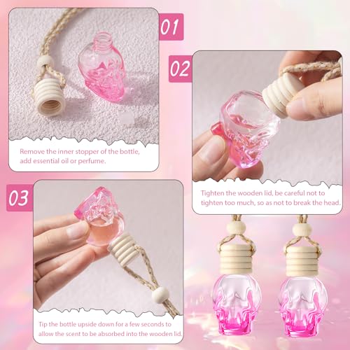 Image of 20 Pieces Hanging Car Air Freshener Gradient Pink Diffuser Bottles Empty Glass Perfume Refillable Essential Oil Aromatherapy Diffuser Pendant for Auto Interior Accessories(Skull Style)