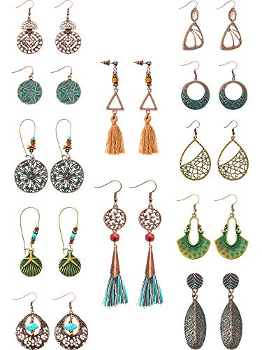 12 Pairs Fashion Metal Vintage Earrings Set with Dangle Pendant Tassel Earrings Boho Retro Ear Stud Earrings Drop Hook Lightweight Statement Earrings for Women Girls (Style A)