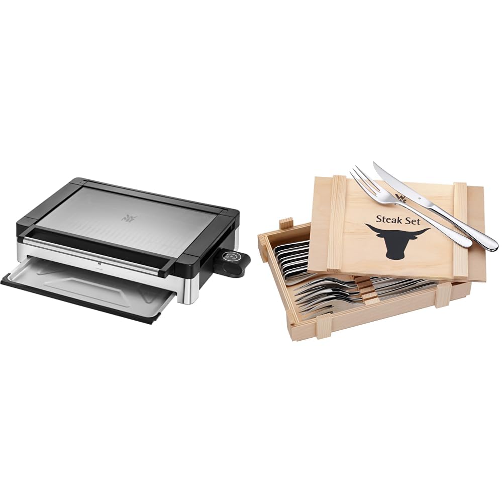 WMF Lono Elektro Tischgrill mit Glasdeckel, beschichtete Grillplatte, 2200 Watt, edelstahl matt & Steakbesteck 12-teilig Steakbesteck Set für 6 Personen, Steakmesser, Steakgabel