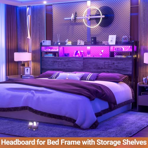 Image of Aheaplus Headboard for King Size Bed with Storage and Outlets, Black Oak