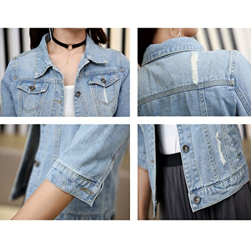 Puwei Women's 3/4 Sleeve Cropped Denim Jacket Distressed Lightweight Short Jean Jackets(1034-Lightblue-M) #TOP6