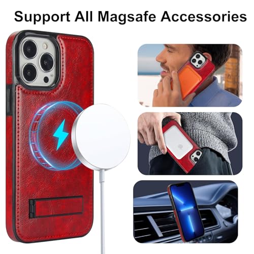 Coque iPhone 13 Pro Max cuir bordeaux compatible charge sans fil MagSafe et béquille intégrée
