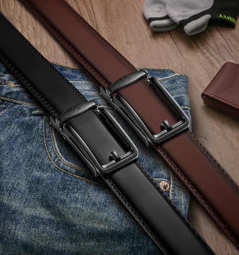 Image of BULLIANT Men Ratchet Belt 2 Pack, Click Sliding Leather Belt Adjustable for Gift Men Dress Casual Jeans 1 3 /8,Cut for Fit