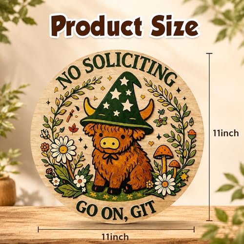Image of No Soliciting Sign for House | Rustic Round Wood Wreaths Hanging Sign for Front Door - Cute Highland Cow Witch Hat Front Porch Garland Decor for Door Wall Room Porch Kitchen