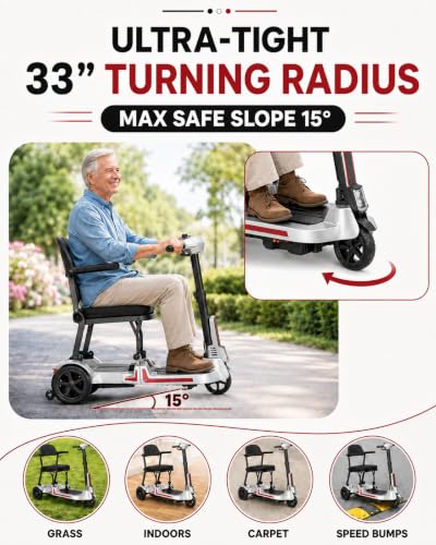 Image of 3 Wheel Lightweight Folding Mobility Scooter for Adults & Seniors, 8Ah /12Ah | 30 lb frame, 33 inch turning radius, dual 8Ah /12Ah batteries up to 20 /32 miles, one-lift fold for halls, stores and cars