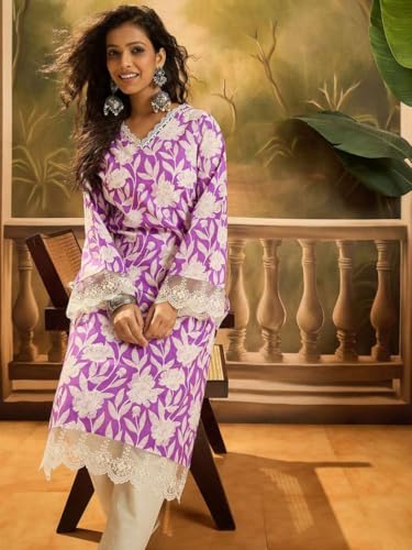 Image of Women's Floral Printed Cotton Afgani Kurta with Lace Detail Full Sleeves