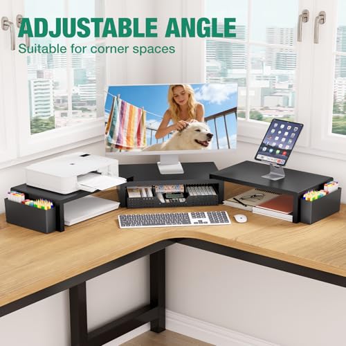 Image of OPNICE Dual Monitor Stand Riser with Drawer and 2 Pen Holders, Desk Organizer for Office Supplies, Computer Monitor Stand for Desk, Workspace Desk Accessories for Home Office, Black