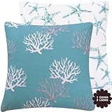 Chloe & Olive Wonders of The Seas Turquoise Collection Coral and Starfish Reversible Pillow Cover, 20-Inch