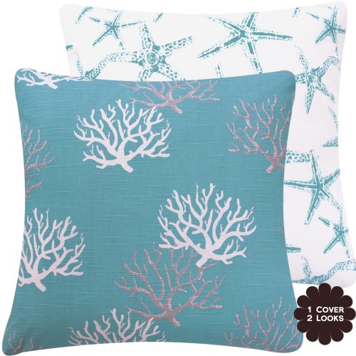 Chloe & Olive Wonders of The Seas Turquoise Collection Coral and Starfish Reversible Pillow Cover, 20-Inch