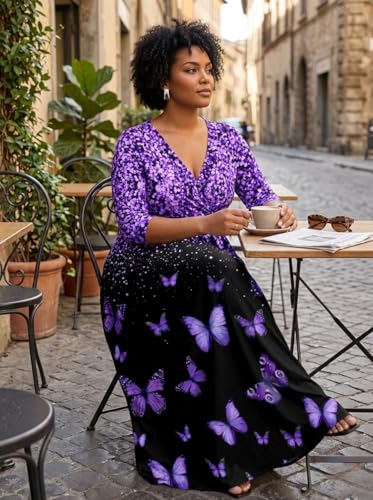 Image of SUZONANA Plus Size Dresses for Women Print Maxi Dresses Flowy 3 /4 Sleeve with Belt