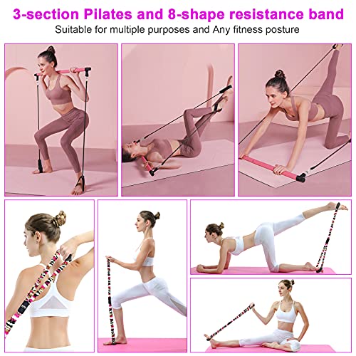 LADER Pilates Bar Kit with Resistance Band, Adjustive 20lb 30lb Resistance Band and Toning Bar Yoga Pilates Equipment Exercise Stick 8 Shape Body Shaping Resime Bar(Pink)
