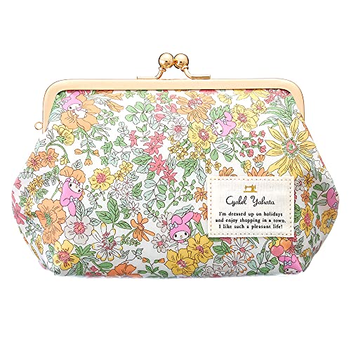 がま口 化粧ポーチ レディース メイクポーチ コスメ収納 可愛い おしゃれ 自立する 花柄 日本製 マイメロディ イエロー