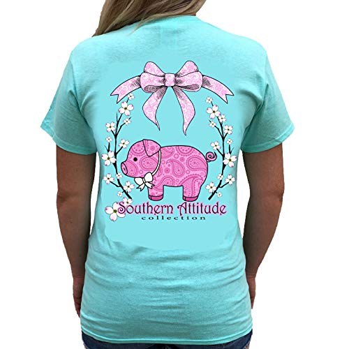 Southern Attitude Pig Sea Foam Green Cute Preppy Southern Animal Short Sleeve Tee Shirt (Large)