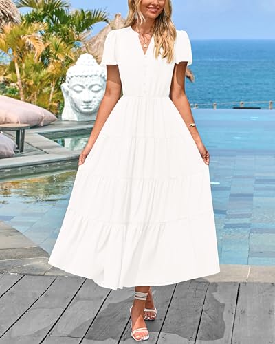 PRETTYGARDEN Women Summer Midi Dresses 2025 Casual Short Sleeve V Neck Belted Tiered Ruffle Vacation Dress with Pockets3