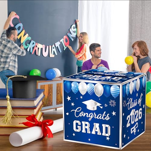 Image of Blue Graduation Congrats Card Box, Class of 2026 Navy Blue Silver Graduation Party Decorations Money Card Boxes Holder, Graduation Gift Card Box for Grad Parties Supplies 8.7 x 8.7 x 8.7 Inch